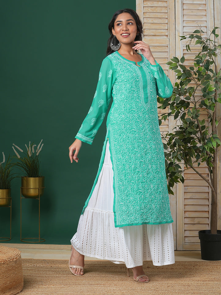 Sea Green Georgette Lucknow Chikan Kurta Only