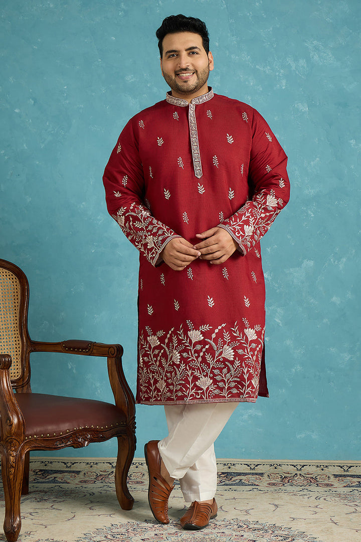Mens Maroon Silk Blend Solid Thread Work Embroidered Kurta