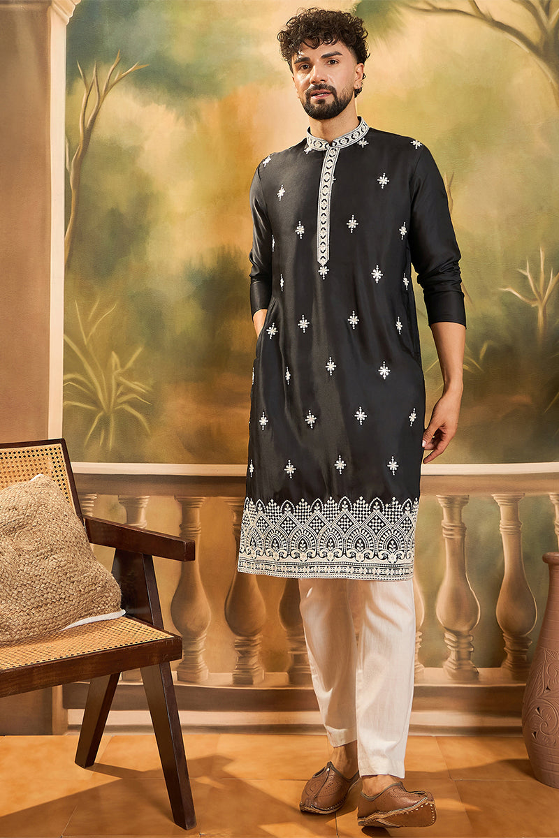 Mens Black Silk Blend Solid Embroidered Straight Kurta