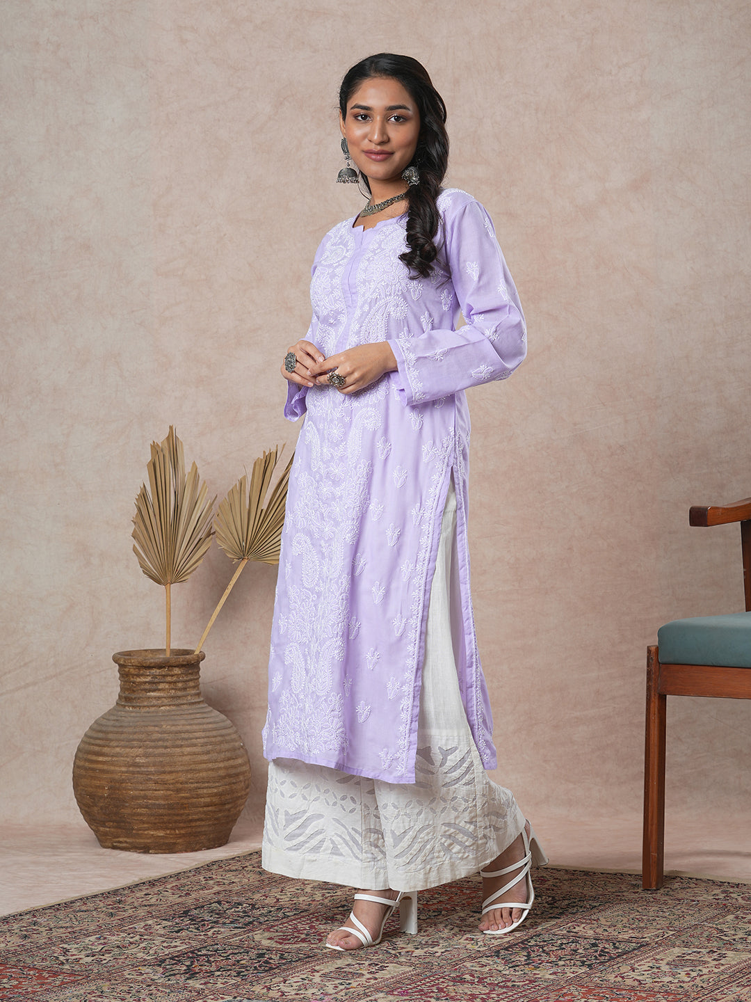 Hand Embroidered Lucknowi Chikankari Mauve & White Cotton Kurta