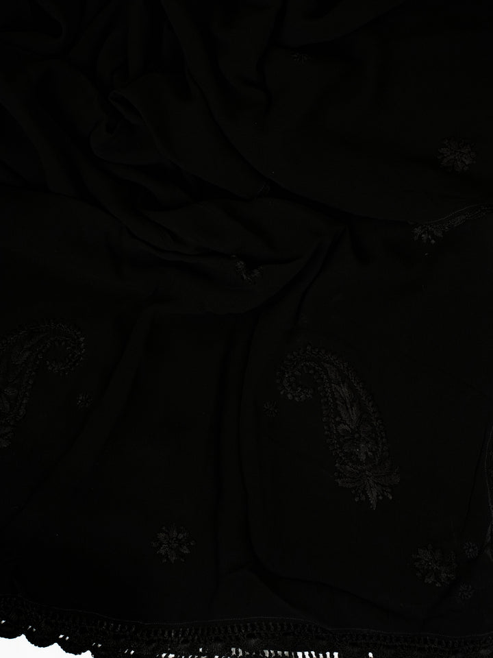 Black Poly Georgette Floral Chikankari Handloom Dupatta