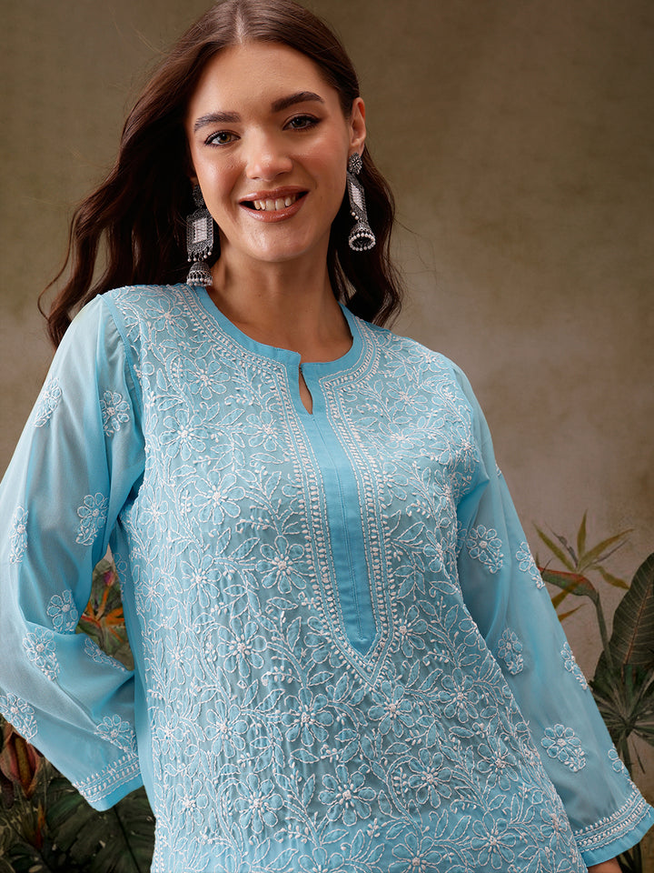 Blue Faux Georgette Chikankari Straight Kurti