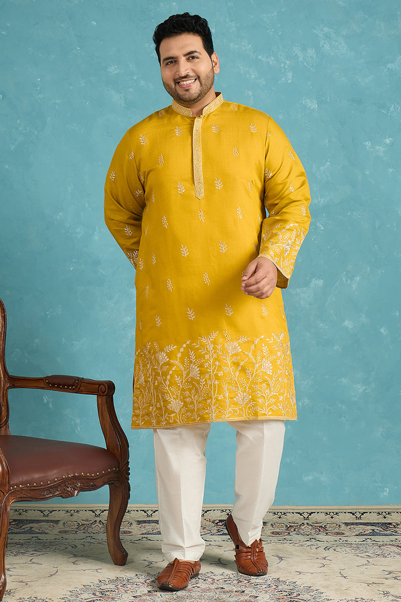 Mens Yellow Silk Blend Solid Thread Work Embroidered Kurta