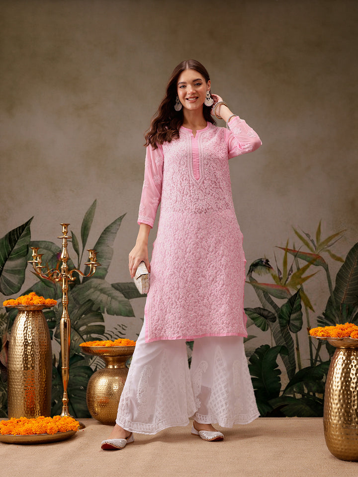 Baby Pink Faux Georgette Chikan Kurti