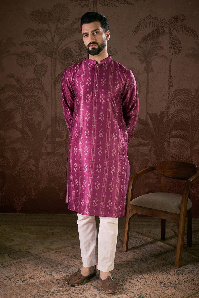 Mens Purple Silk Blend Floral Printed Straight Kurta