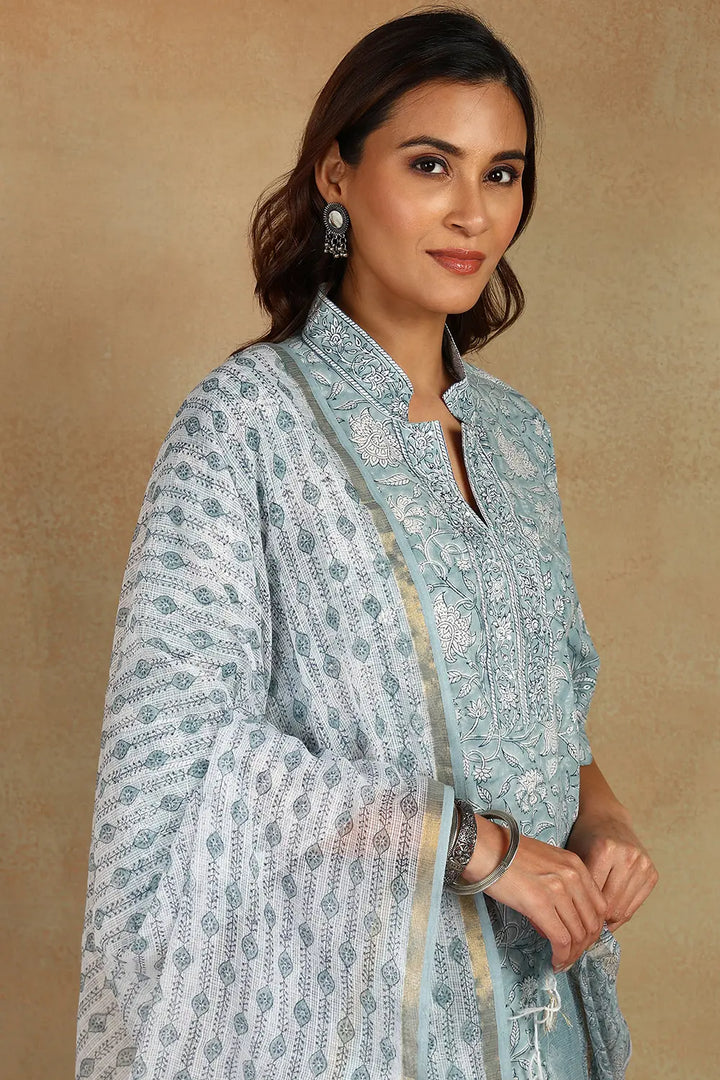 Grey-&-White-Cotton-Hand-Block-Printed-Straight-Bagru-Kurta