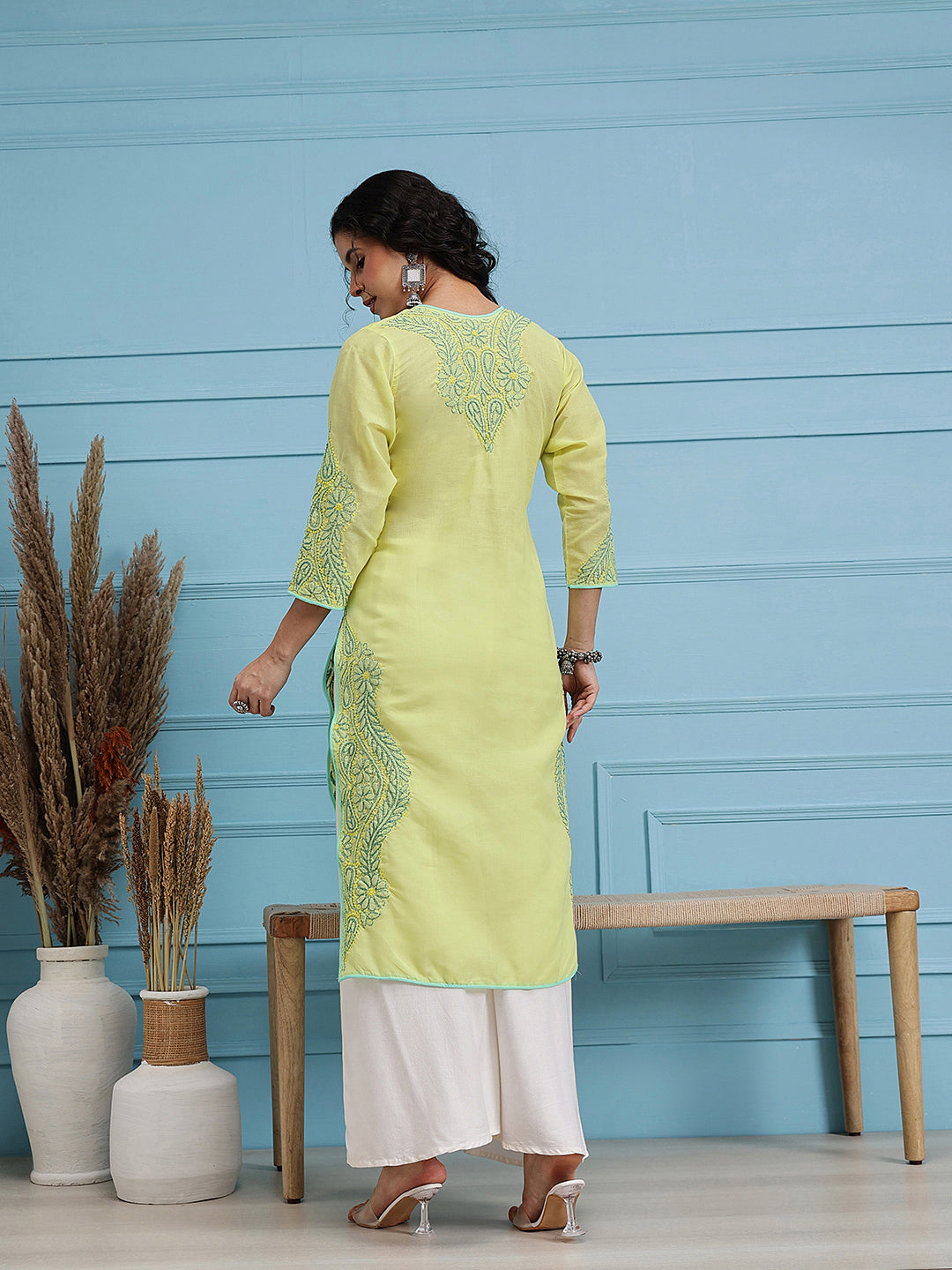 Lemon Yellow & Green Embroidered Chikankari Cotton Kurta
