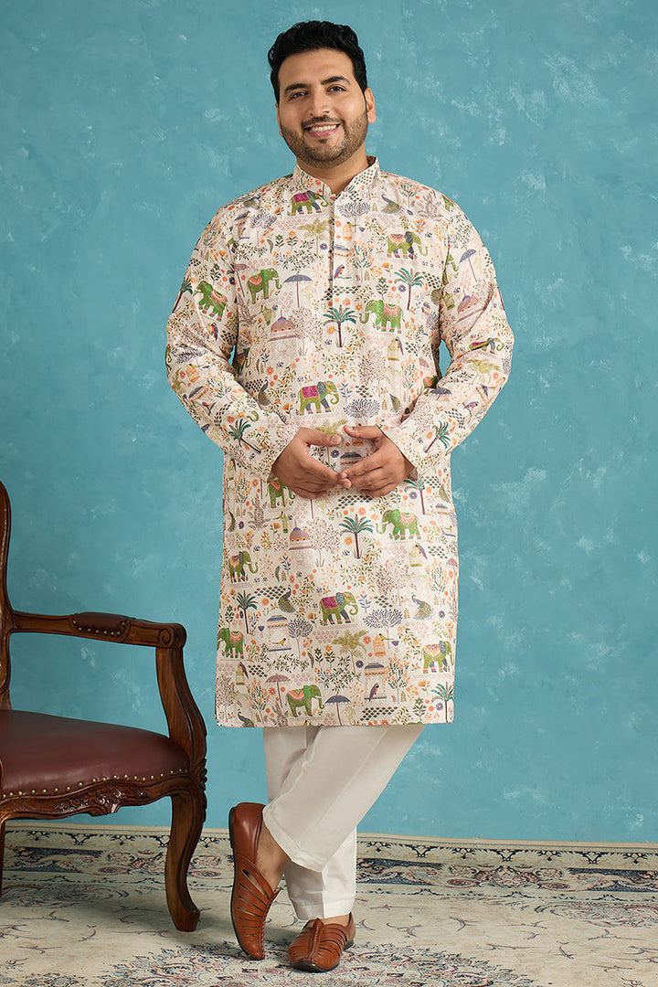 Mens Cream Viscose Rayon Ethnic Motifs Thread Work Printed Kurta