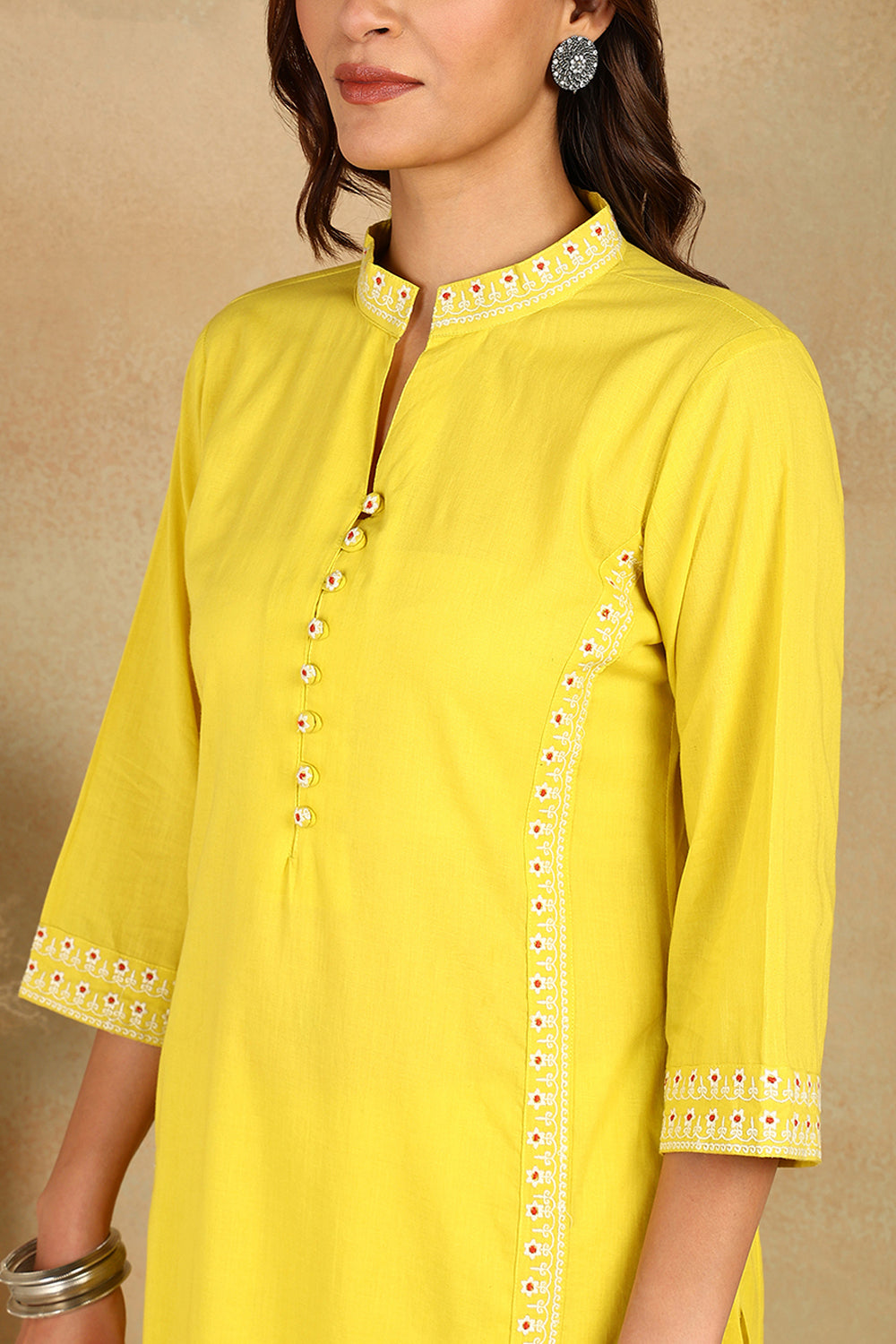 Yellow-Cotton-Embroidered-Short-Kurta