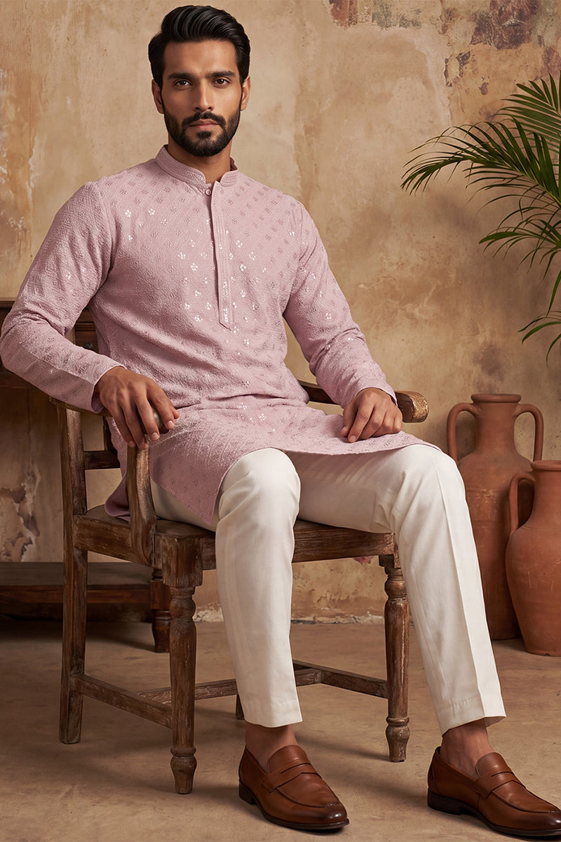 Mens Purple Viscose Rayon Solid Embroidered Straight Kurta with Trouser