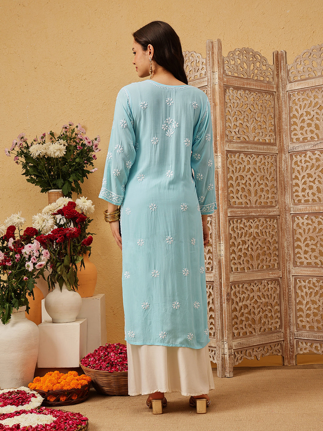 Hand Embroidered Lucknowi Chikankari Blue & White Modal Kurta