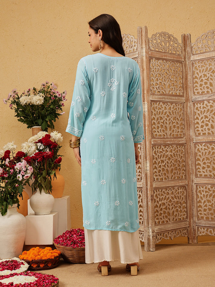 Hand Embroidered Lucknowi Chikankari Blue & White Modal Kurta
