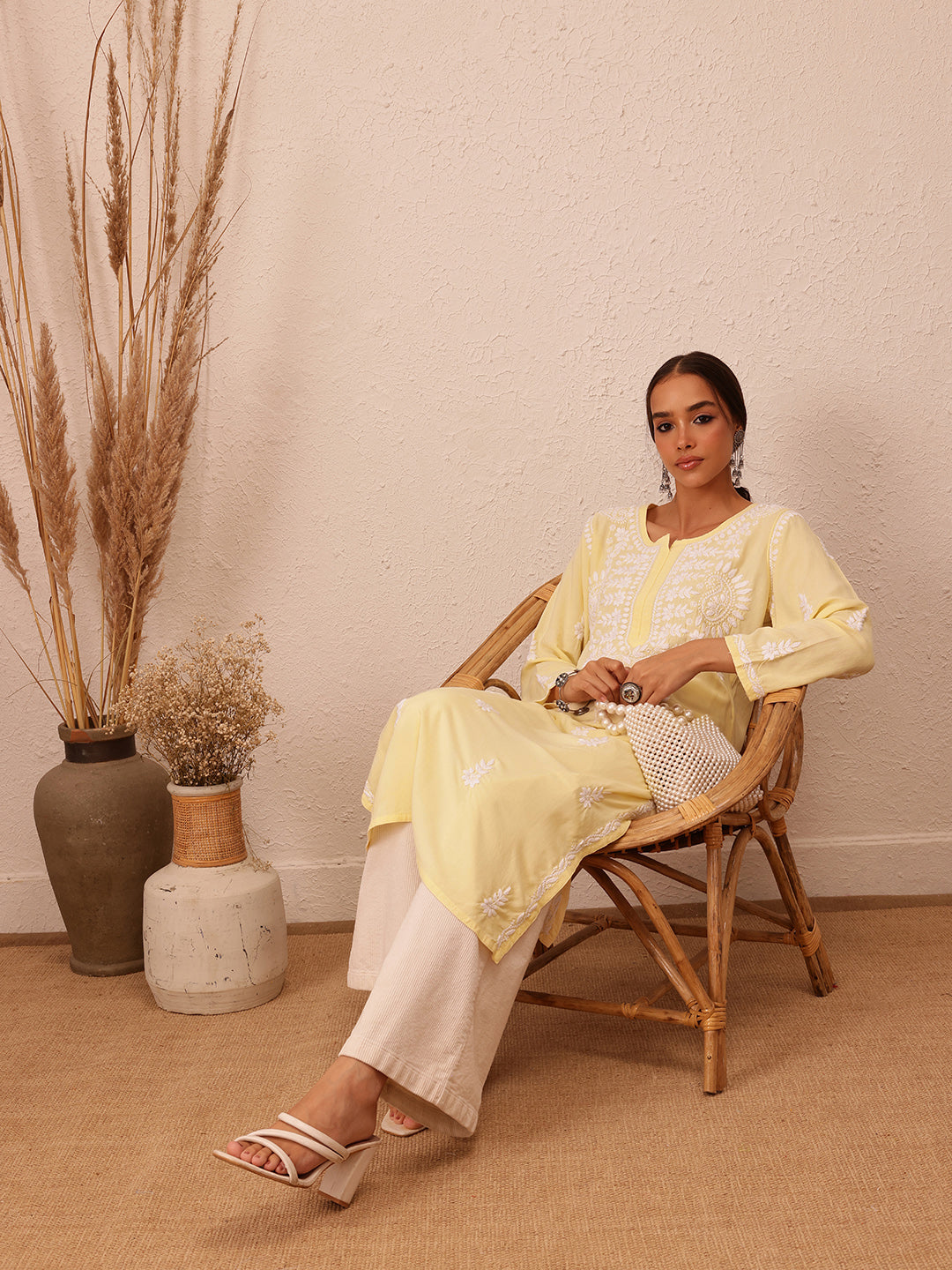 Yellow & White Rayon Embroidered Chikankari Kurta