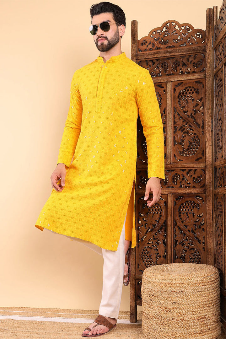 Mens Yellow Viscose Rayon Solid Embroidered Straight Kurta with Trousers