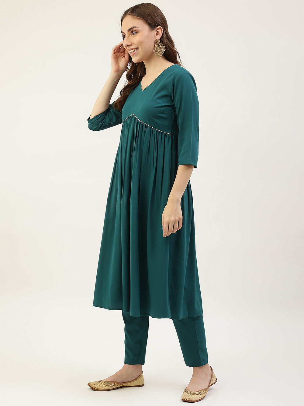 Teal-Green-Crepe-Gathered-Flared-3-Piece-Kurta-Set
