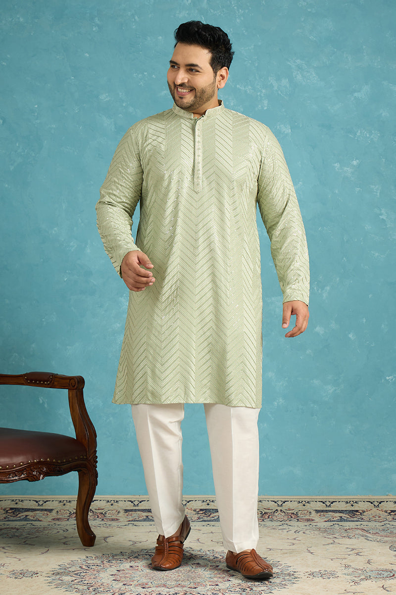 Mens Green Viscose Rayon Solid Chikankari Embroidered Kurta