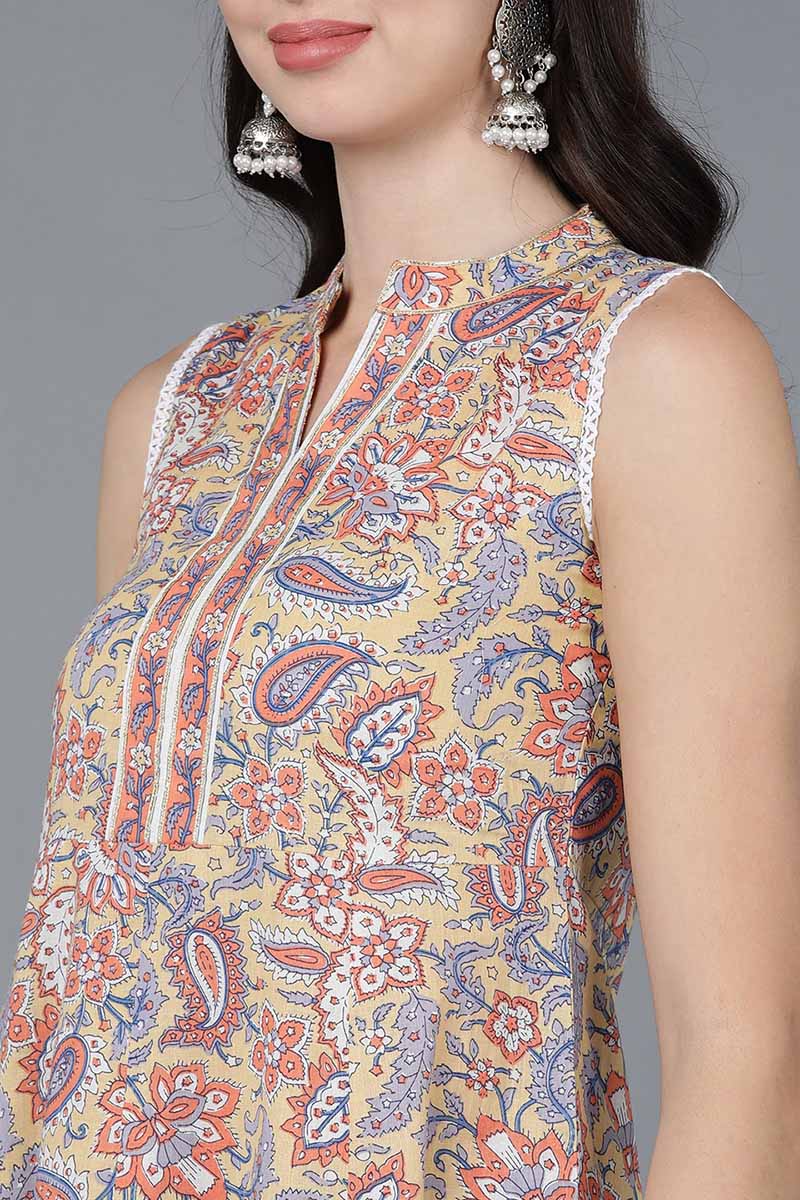 Yellow-Cotton-Flared-Kurta-Palazzo-With-Dupatta