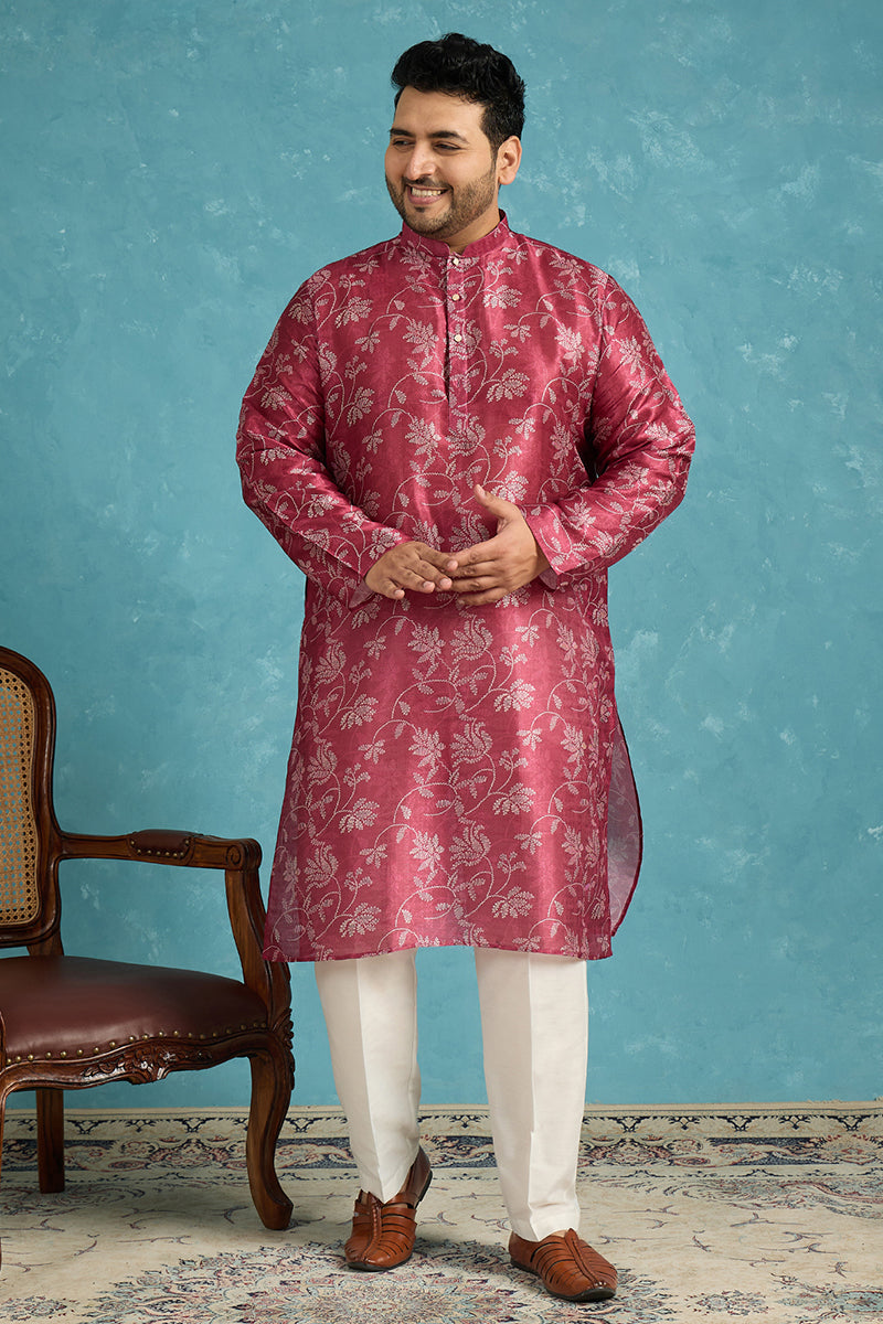 Mens Maroon Silk Blend Floral Printed Kurta