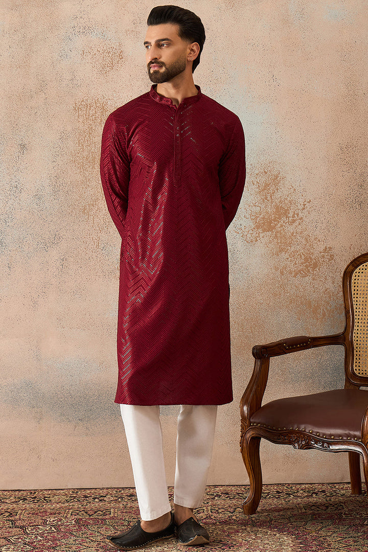 Mens Maroon Rayon Embroidered Straight Kurta