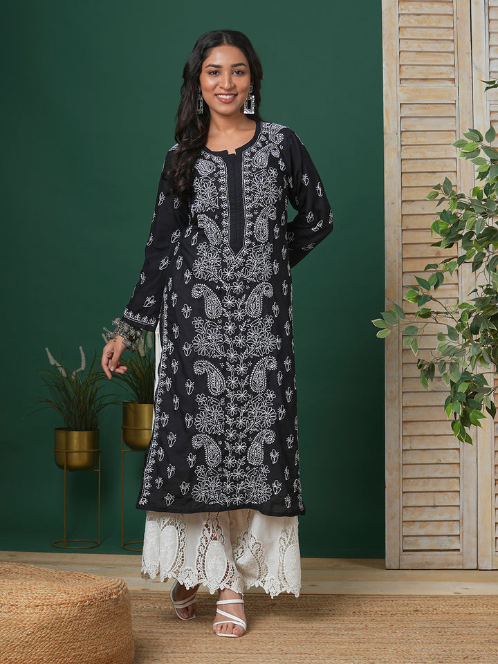 Hand Embroidered Lucknowi Chikankari Black & White Cotton Kurta