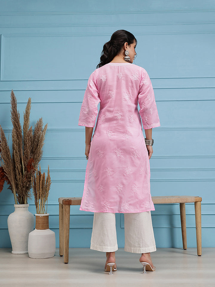 Hand Embroidered Pink Lucknow Chikan Kurta