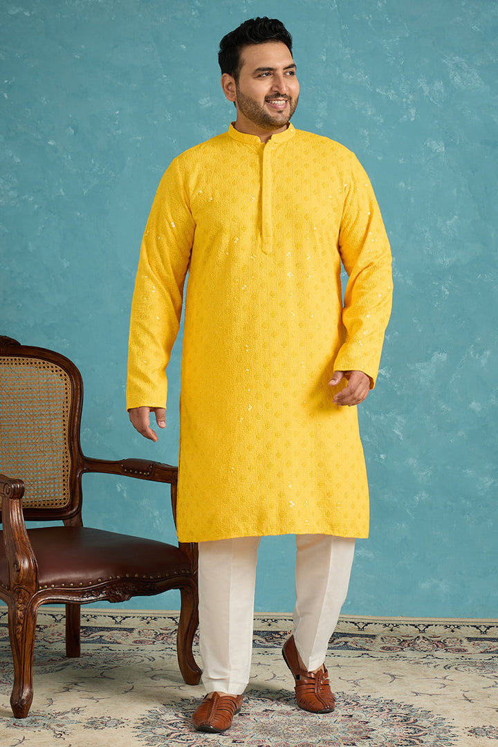 Mens Mustard Viscose Rayon Solid Chikankari Embroidered Kurta