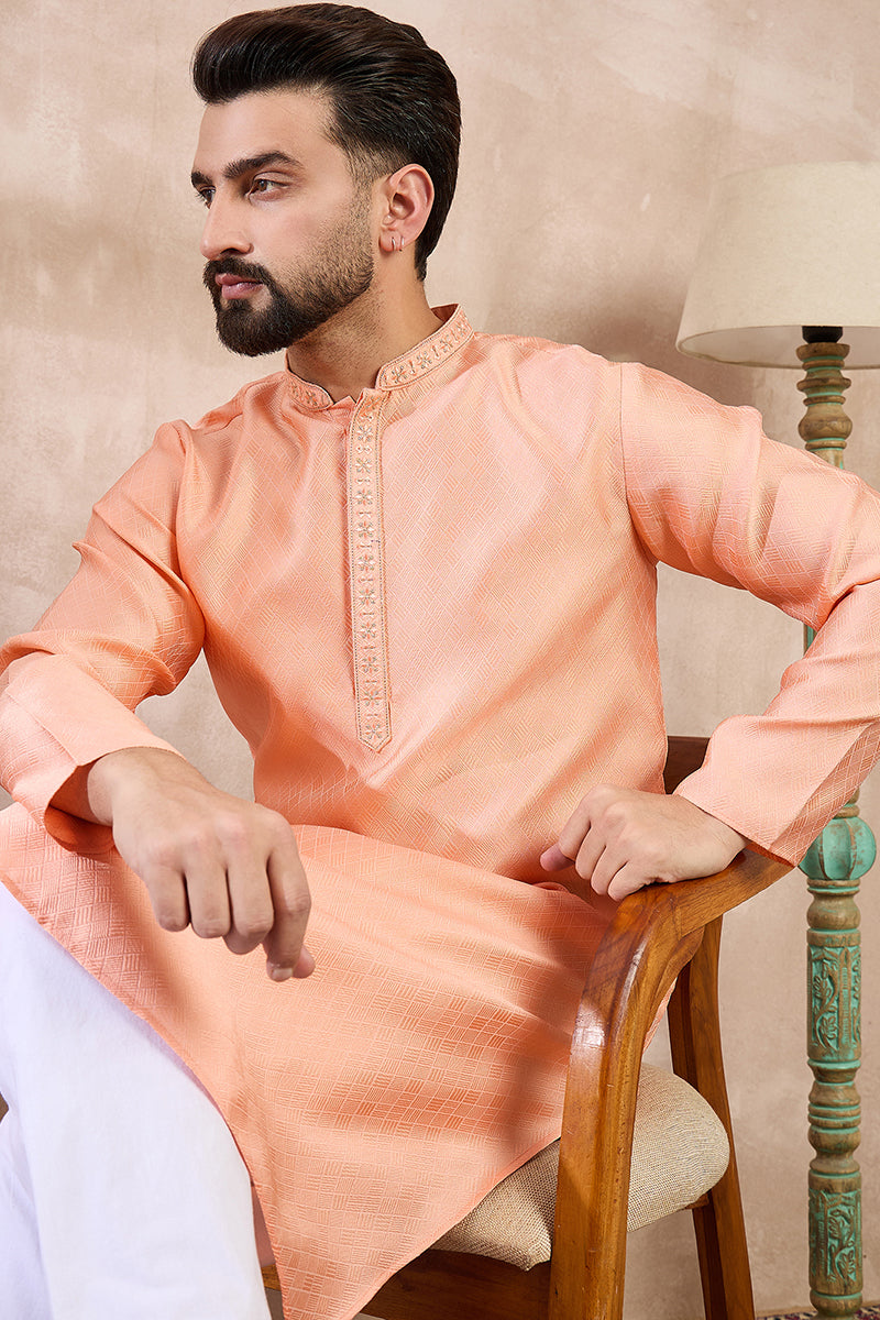 Mens Peach Silk Blend Solid Embroidered Straight Kurta