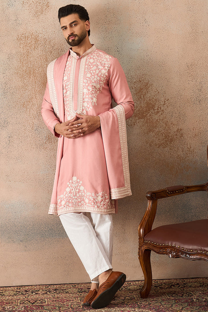 Mens Peach Silk Blend Solid Embroidered Kurta With Dupatta