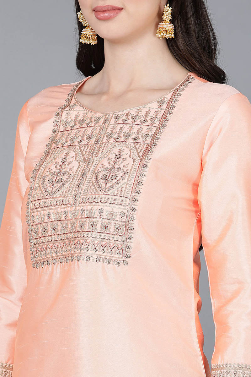 Peach-Poly-Silk-A-Line-3-Piece-Kurta-Set