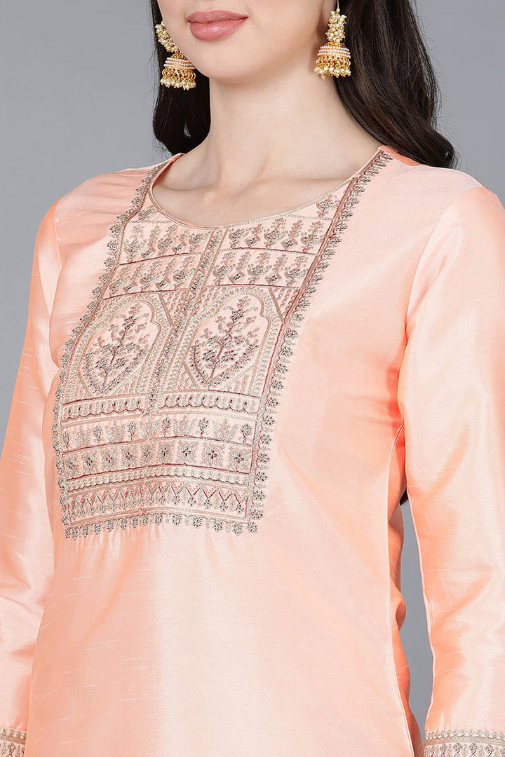 Peach-Poly-Silk-A-Line-3-Piece-Kurta-Set