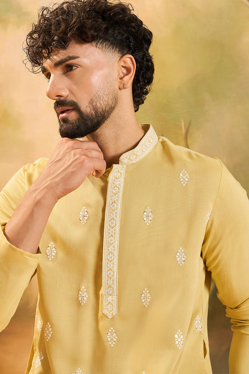 Mens Yellow Silk Solid Embroidered Straight Kurta
