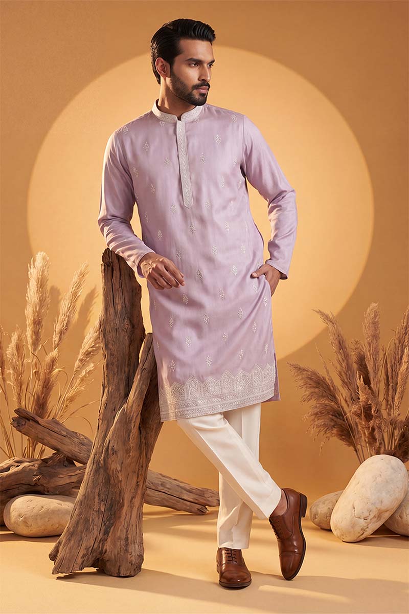 Mens Lavender Silk Blend Solid Embroidered Kurta