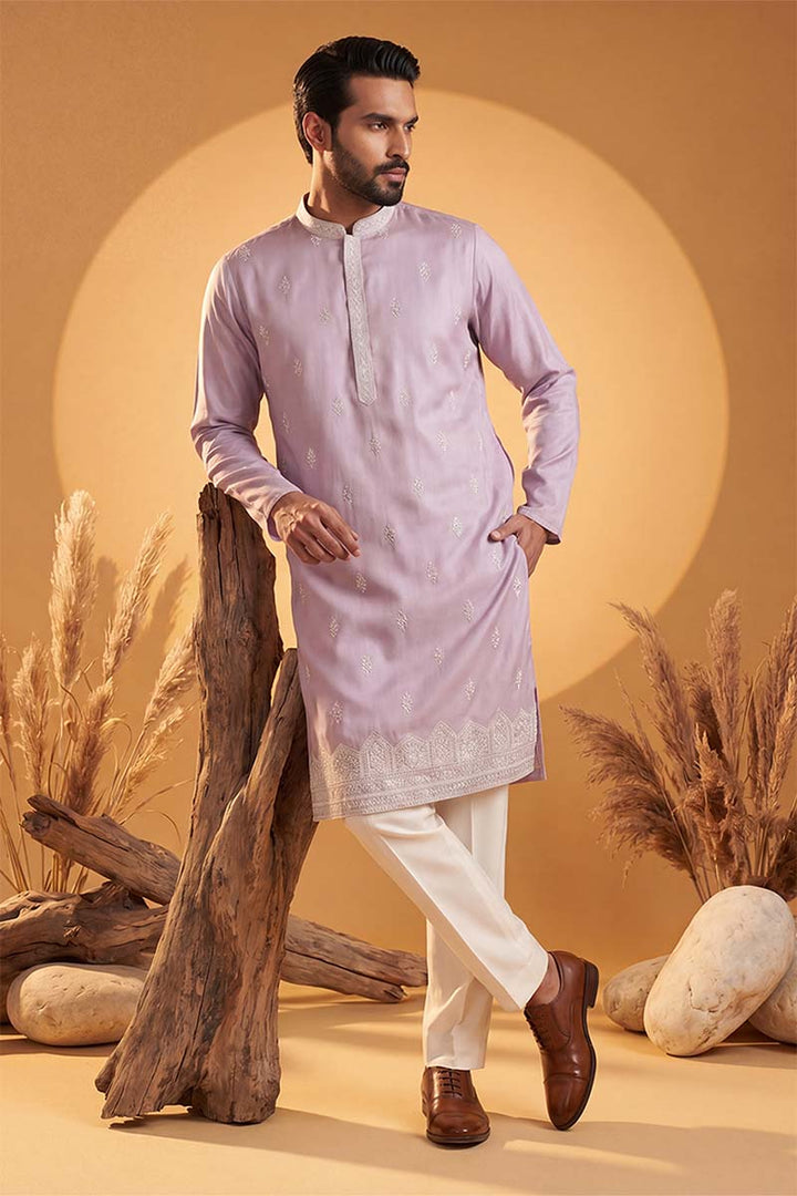 Mens Lavender Silk Blend Solid Embroidered Kurta