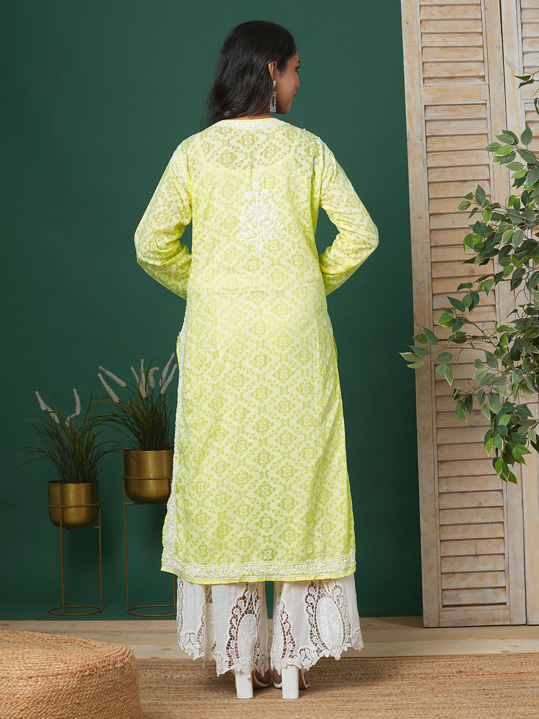 Lemon Yellow & White Embroidered Chikankari Cotton Kurta