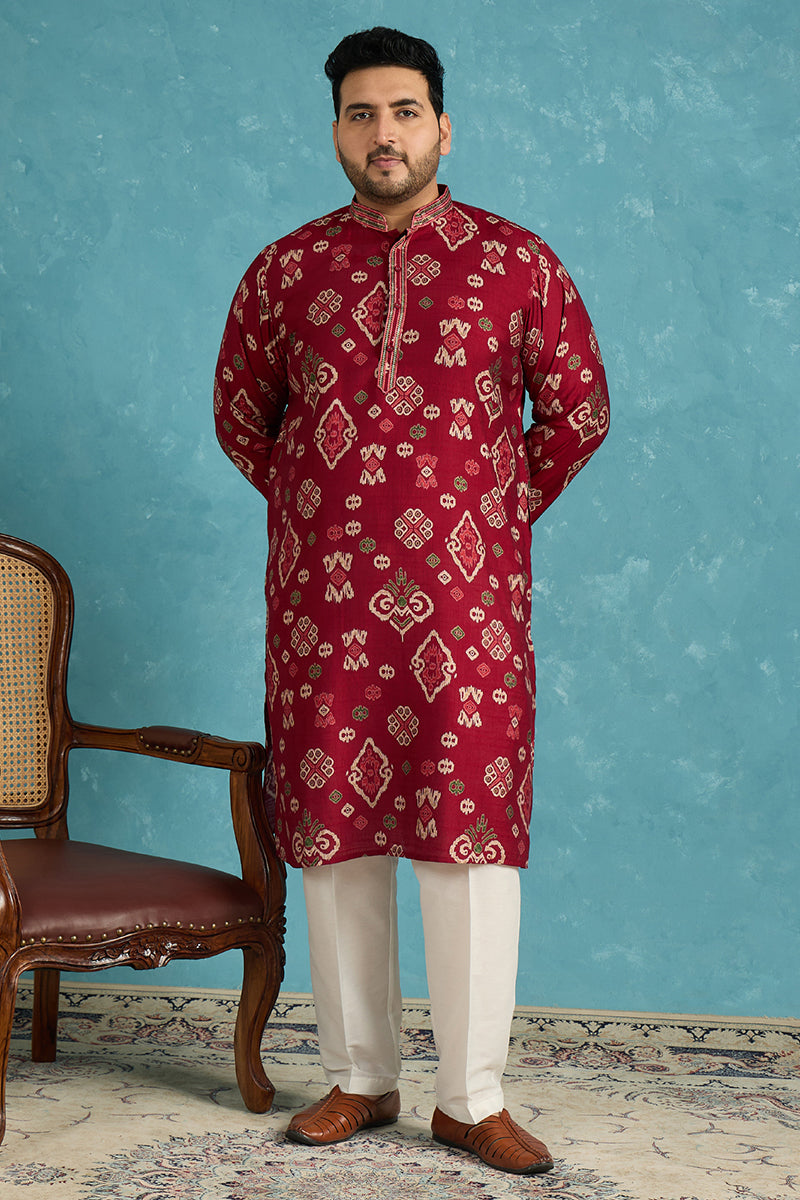 Mens Red Silk Blend Abstract Printed Kurta