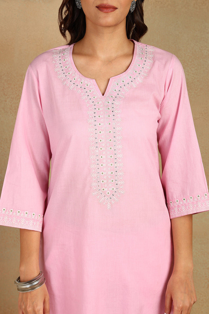 Pink-Cotton-Embroidered-Short-Kurta