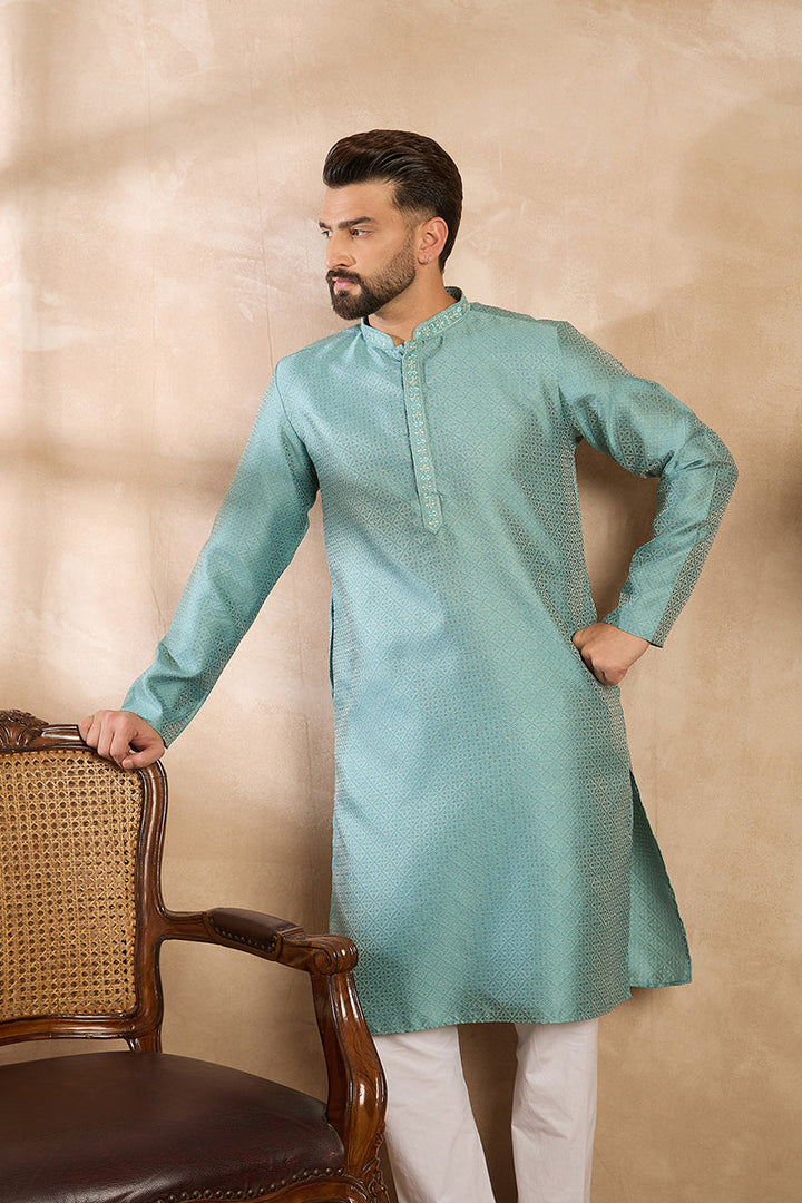 Mens Green Polyester Solid Embroidered Straight Kurta With Trouser