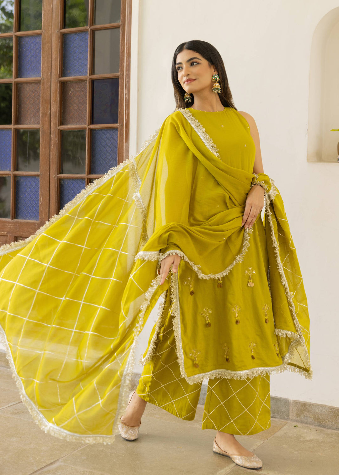 Olive-Green-Mulmul-Halter-Key-Hole-Straight-Kurta-Set