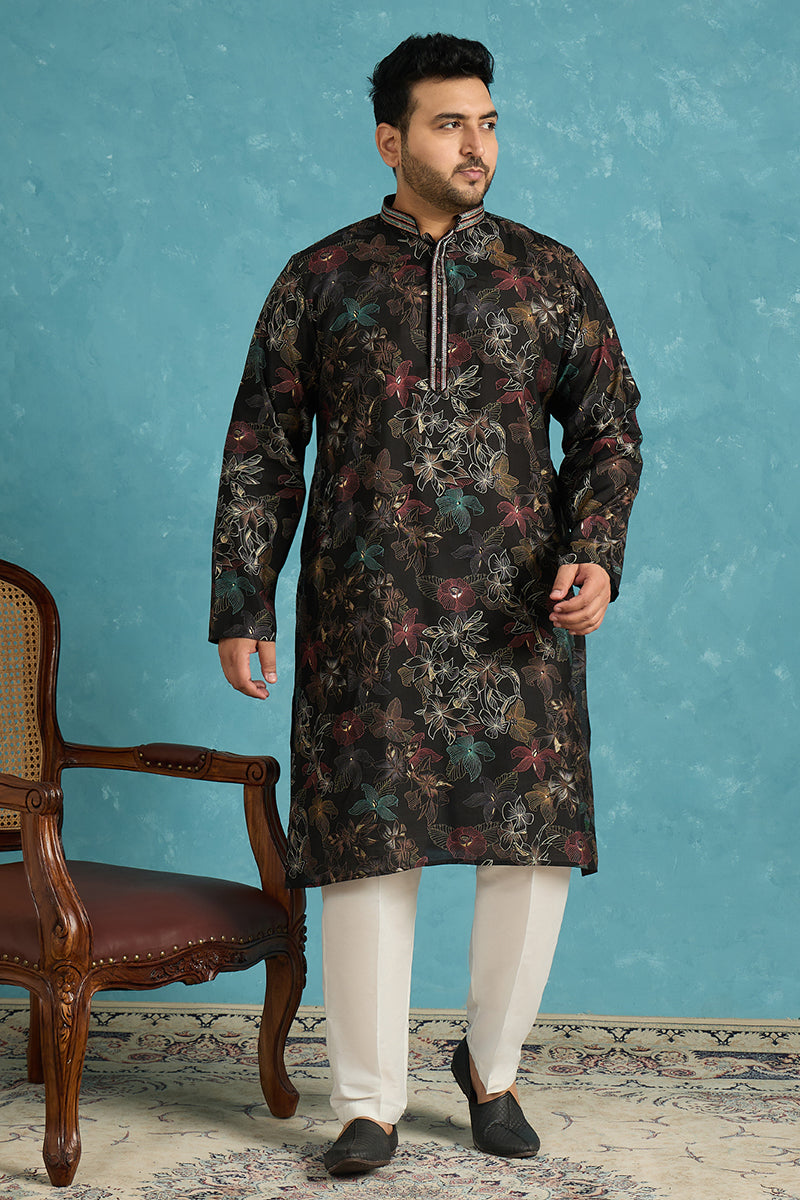 Mens Black Silk Blend Floral Printed Kurta