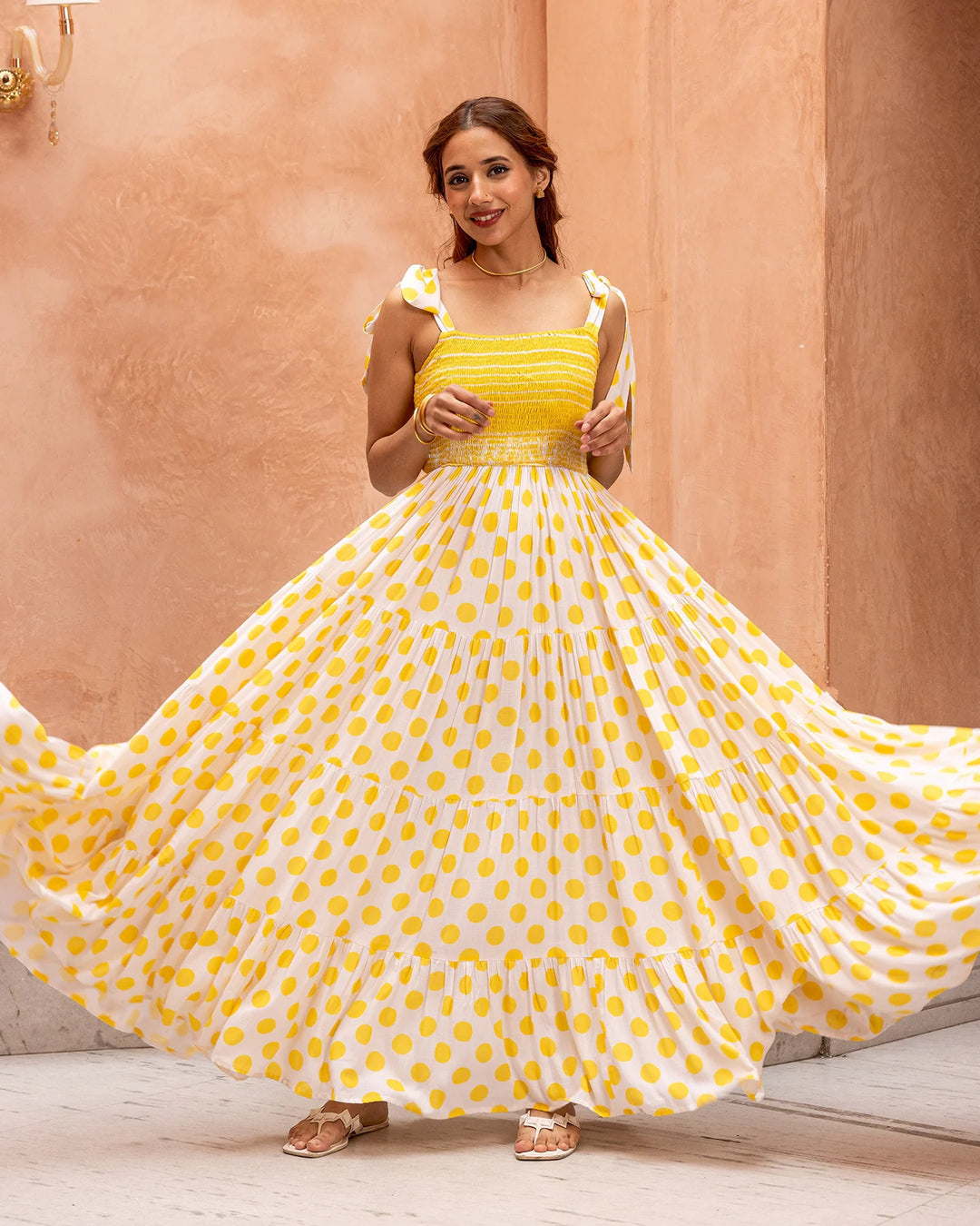 Yellow-Rayon-Smocked-&-Polka-Maxi-Dress