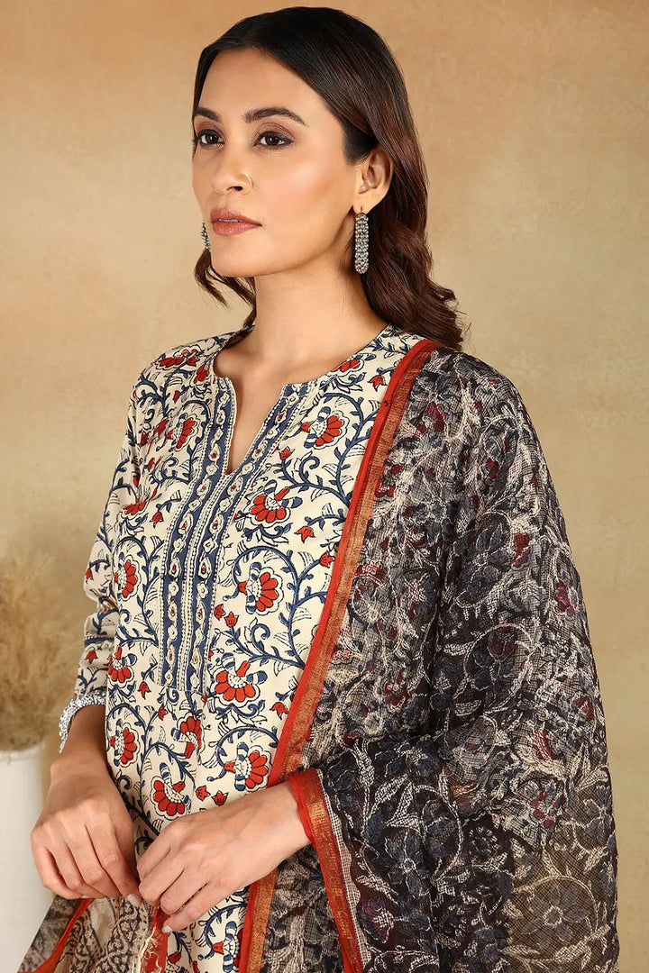 Cream-&-Maroon-Kota-Dorian-Straight-Bagru-Kurta