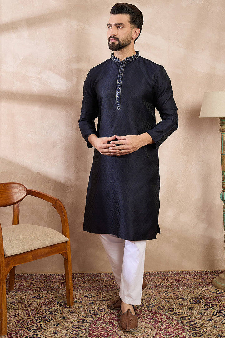 Mens Navy Blue Silk Blend Solid Woven Design Straight Kurta