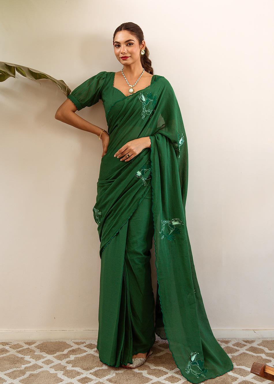 6-Yards-Of-Love-Emerald-Green-Mulmul-Embossed-Embroidered-Saree