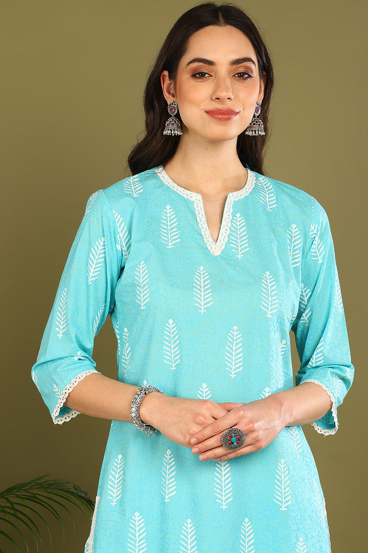 Blue-Cotton-Khari-Hand-Block-Print-2-Piece-Kurta-Set