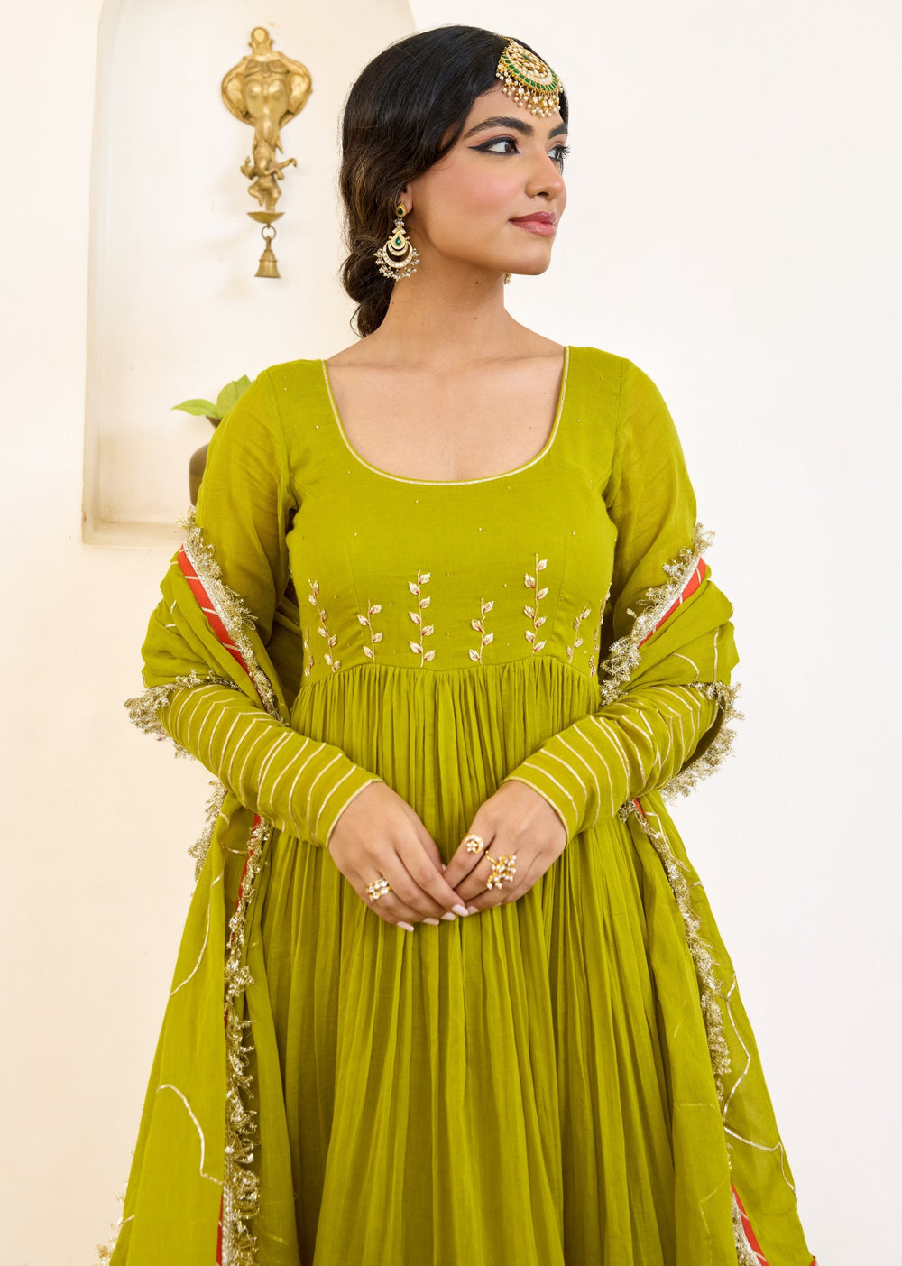 Olive-Green-Mulmul-Round-Neck-Anarkali-Set