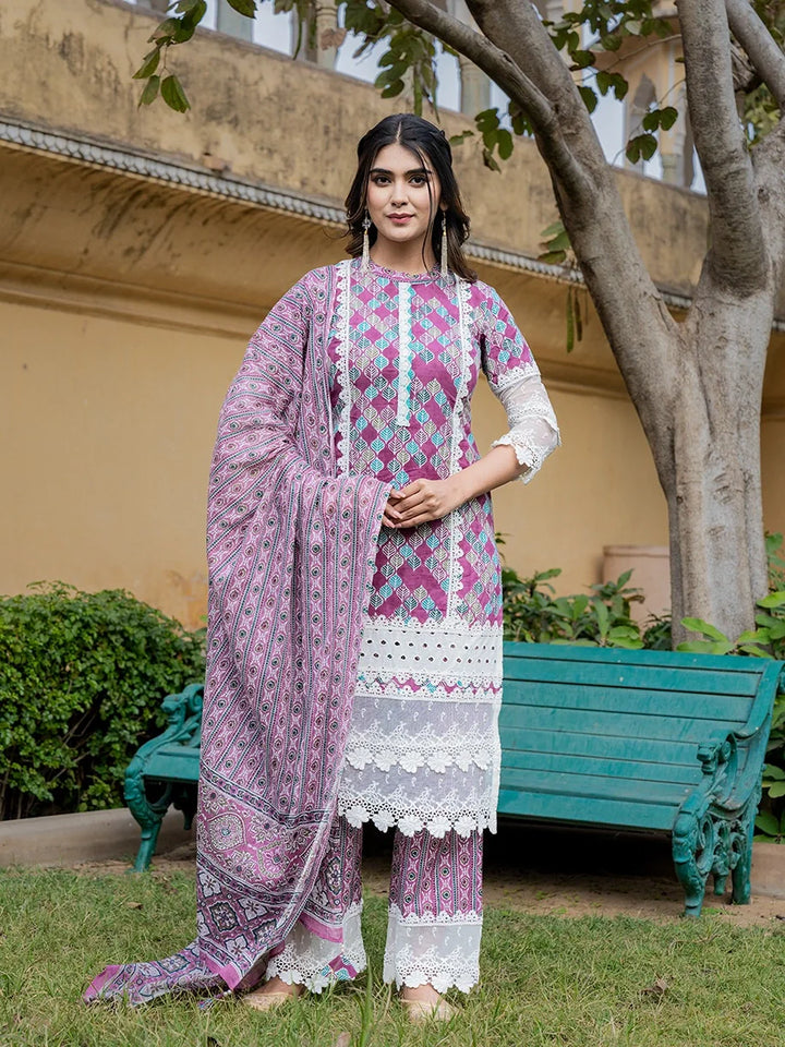 Pink Cotton Ethnic Motifs Embroidered Kurta Dupatta Set