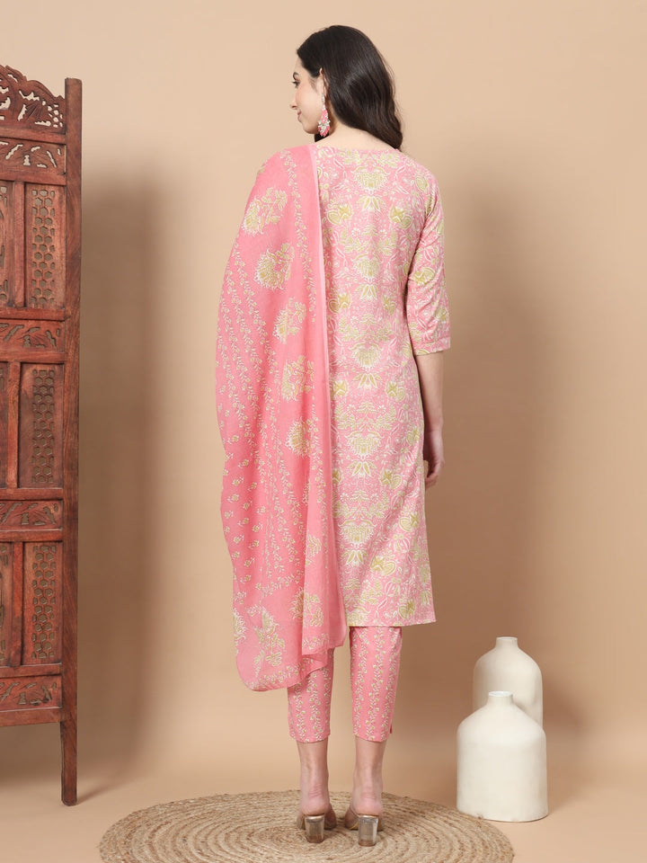 Pink Floral Printed Cotton Kurta Dupatta Set