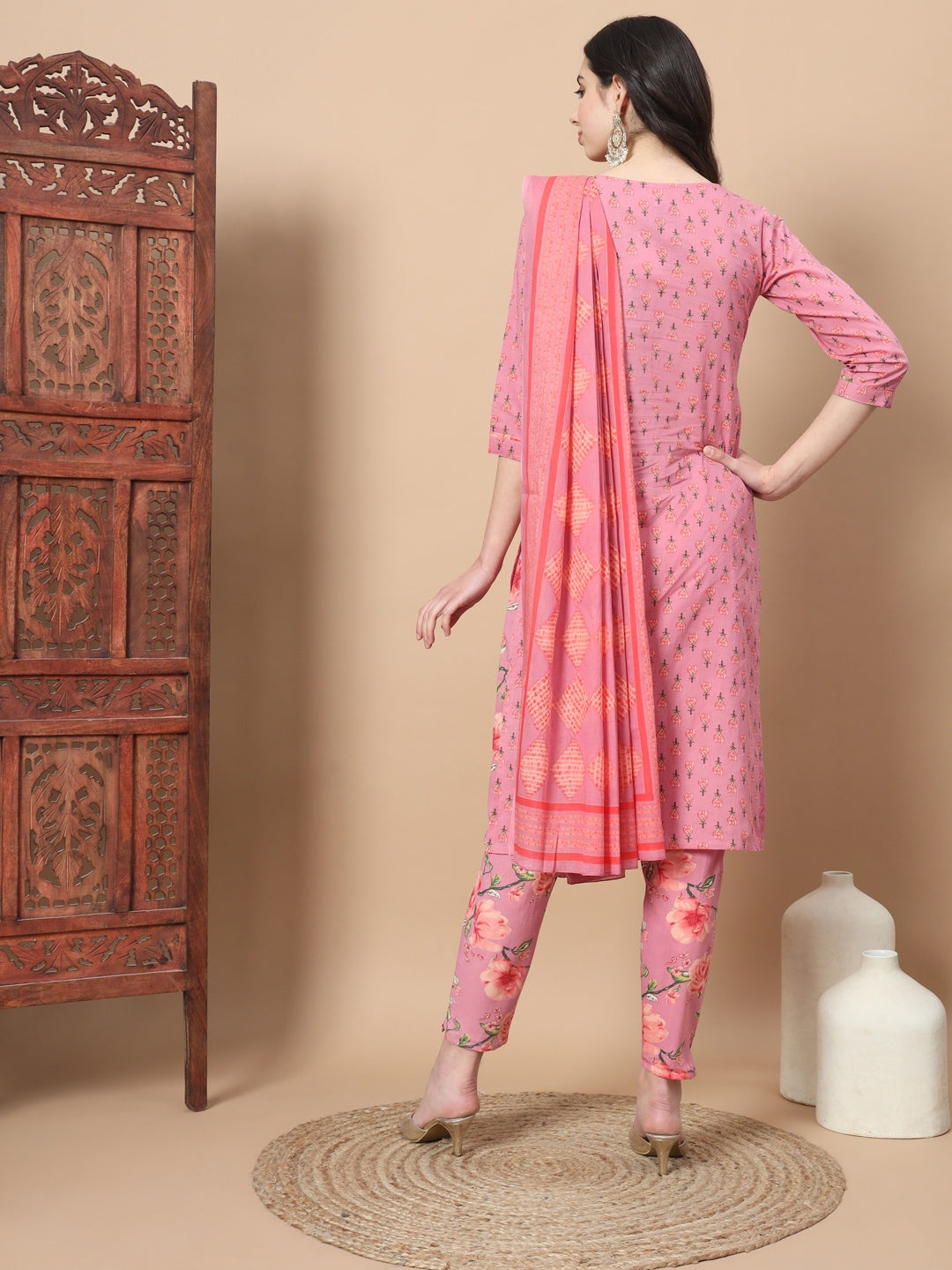 Pink Ethnic Motifs Cotton Kurta Dupatta Set