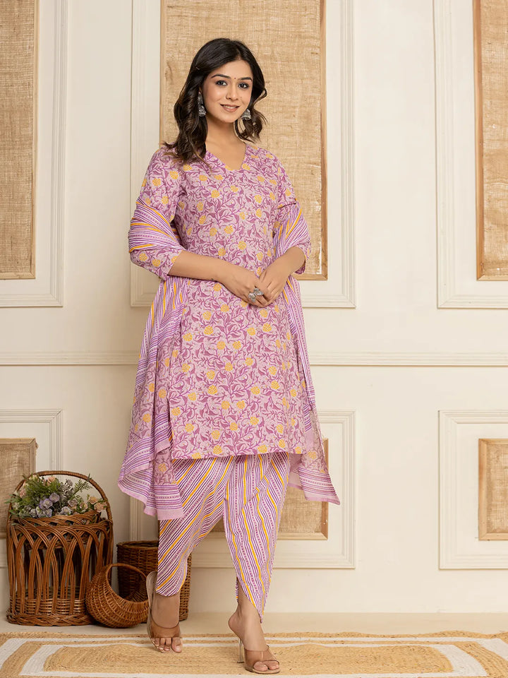 Lavander-Cotton-Floral-Print-Straight-Style-3-Piece-Kurta-Set