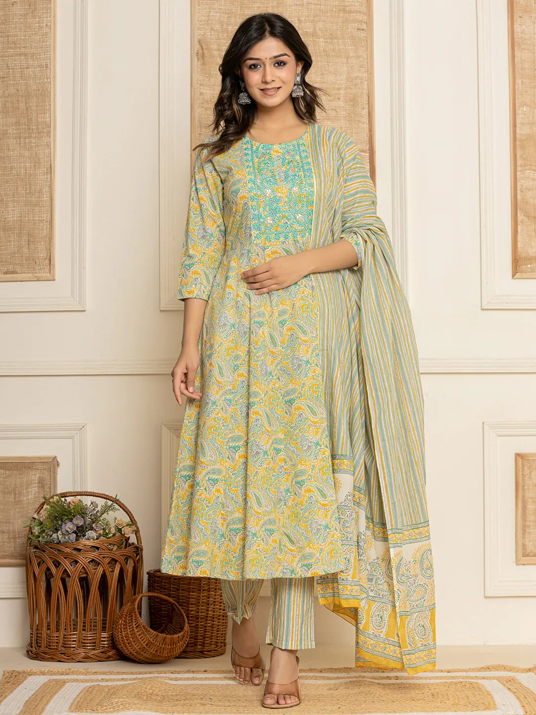 Mustard-Cotton-Thread-Work-Paisley-Embroidered-Anarkali-Set